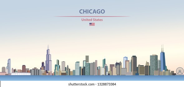 Vector illustration of Chicago city skyline on colorful gradient beautiful day sky background with flag of United States