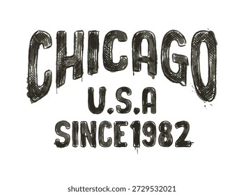 Ilustração vetorial de Chicago U.S.A - Desde 1982' texto. Grunge, aflito, tipografia de estilo pincel desenhado à mão adequado para impressões de t-shirt, cartazes, moda de streetwear e mercadoria de souvenir urbana.