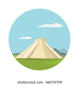 Vector illustration Chichen itza, maya monument round flat icon. Mexico