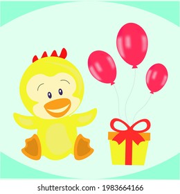 Vector illustration of a chick with a gift and balls. Can be applied on greeting card, banner, clothing, tableware, typography.