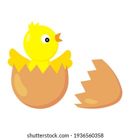 Ilustración vectorial de un polluelo nacido de un huevo.  Cuta caricatura de pollo amarillo.