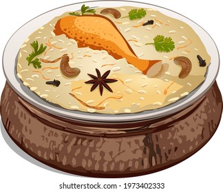 Vector illustration of Chicken Biryan , which is arranged in a brass vessel,png image