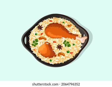 Vector illustration of Chicken  Biryani , Kerala dum chicken biryani arranged in a black pot 