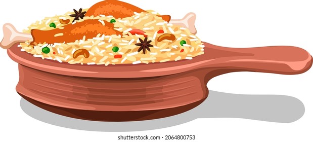 Ilustración vectorial de Chicken Biryani, Kerala dum pollo biryani arreglado en una cerámica.