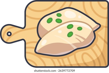 Vector illustration of chicken breasts with garnish on a cutting board. Useful for cooking, recipe, and kitchen visuals.