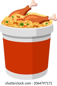 Vector Illustration Of Chicken Bucket Biryani , Kerala Dum Chicken Biryani Arranged In A Red Bucket Container With White Textured Background.