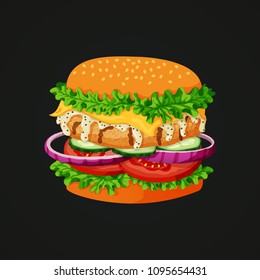 Vector illustration of a chicken burger icon with grilled chicken patty, sesame topped bun, lettuce, cheese, white mayonnaise sauce, cucumbers, red onions and tomatoes an a dark background.