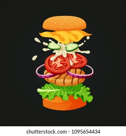 Vector illustration of a chicken burger separated into layers: sesame topped bun, fresh cucumbers, red onions, tomatoes, white mayonnaise sauce, cheese, lettuce and grilled chicken patty.