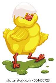 Vector illustration of a chicken. Cartoon character cheerful yellow chick. Easter illustration.