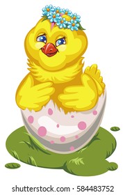 Vector illustration of a chicken. Cartoon character cheerful yellow chick. Easter illustration.