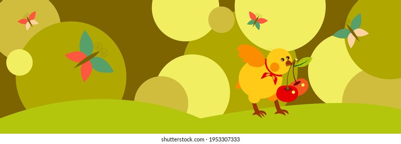 Vector illustration of a chicken with cherries. It can be used for children's stationery, as a label for goods and products, as a postcard for Easter and for printing.