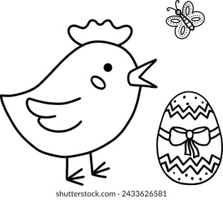 Vector illustration of a chicken with an Easter egg and a butterfly. Outline illustration of Easter. An illustration for Mother's Day. Stock illustration. Coloring book page