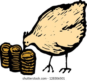 Vector illustration of a chicken eating money