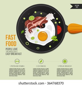 Vector illustration chicken egg and bacon in a frying pan. Popular breakfast infographics. Fried egg and bacon with tomatoes, parsley, peas and onion. Can be used for restaurant, cafe and eatery.