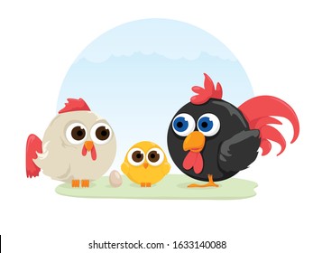 vector illustration of a chicken, an egg, a chick and a rooster
