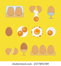 Vector illustration of chicken eggs, various menu items Supermarket food products from poultry farms, isolated, nutritious, healthy food. Food menu. Cooking is isolated on a white background.