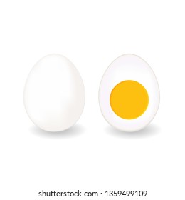 Vector illustration of chicken eggs: whole egg in white shell and half of hard boiled one. Isolated on white background 