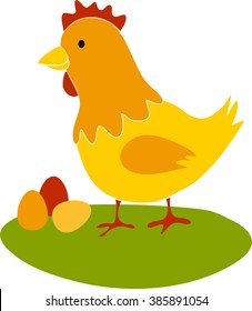 Vector illustration of a chicken. Chicken and eggs. Yellow chicken livestock.