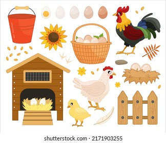 Vector illustration of a chicken family: rooster, hen and chick. Image of chicken coop and farm attributes.