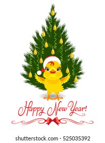 Vector Illustration. Chicken in a hat of Santa  under the Christmas tree.