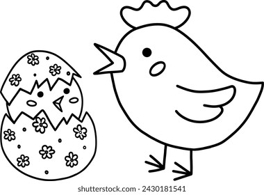 Vector illustration of a chicken with a chicken hatched from an egg. Outline Illustration Of Easter. An illustration for Mother's Day. A retro-style picture for a happy Easter. Stock illustration