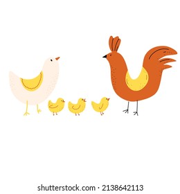 Vector illustration of chicken, hen, rooster in cartoon doodle style