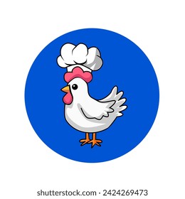 vector illustration of a chicken, a hen wearing a chef's hat. in flat, cartoon, minimalist, 2d style isolated on white background