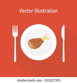 Vector illustration of chicken leg with bone on the plate with knife,fork. Drumstick cartoon for lunch, dinner and breakfast. Food icon with text and shadow. Turkey leg fried, boiled