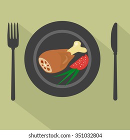 Vector illustration of chicken leg with bone on plate with knife and fork. Turkey leg. Dinner, breakfast, lunch food icon for restaurant with shadow.Drumstick cartoon with tomatoes and green onion