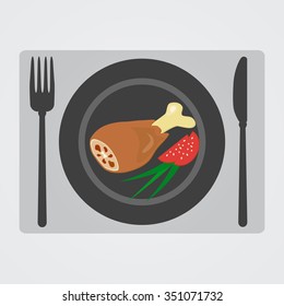 Vector illustration of chicken leg on plate with knife and fork.Food icon turkey leg for restaurant to lunch,dinner and breakfast.Drumstick cartoon with tomatoes and green onion.Black dishware