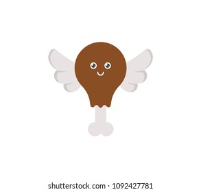Vector illustration of Chicken Leg with Wings. Flying Food Concept. Chicken Leg Character