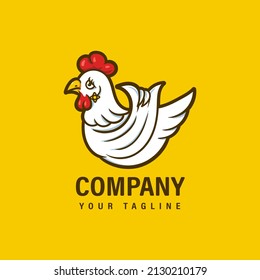 Vector illustration of chicken logo mascot raising wings in yellow background, perfect for logo farm