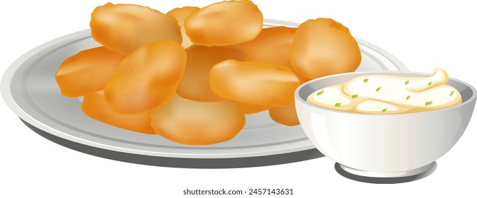 Vector illustration of chicken nuggets and dipping sauce.