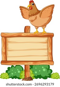 Vektorgrafik von Huhn auf einem leeren Holzschild, Cartoon-Stil, helle Farben, einzeln auf Hintergrund