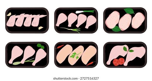 Ilustración vectorial de los envases de pollo. Conjunto de embalaje de carne del supermercado. Elemento individual, aislado del fondo. Fácil de editar.