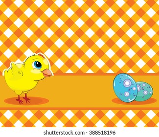Vector illustration. Chicken and painted eggs on a checkered background. Easter