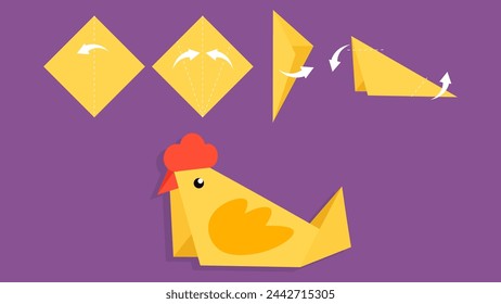 Vector illustration of chicken and paper envelopes on purple background. Flat style.