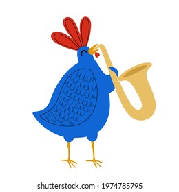 Vector Illustration With Chicken Plays The Saxophone. Colored Music Print Design With Animal And Music Instrument