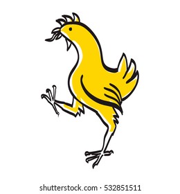 Vector illustration of a chicken with a raised leg, tongue showing, ink line drawing with flat yellow offset color, isolated on white background. Usable as icon or logo.