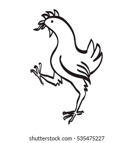 Vector illustration of a chicken with a raised leg, tongue showing, ink line drawing, isolated on white background. Usable as icon or logo.