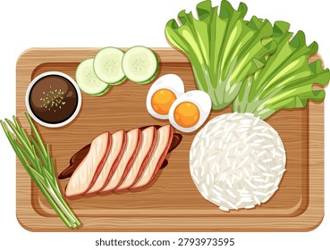 Vector illustration of chicken rice platter with eggs, lettuce, cucumber, sauce, and wooden board