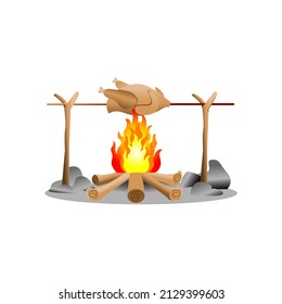 vector illustration of chicken roasting on an outdoor fireplace.