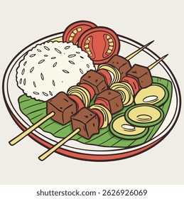 Vector Illustration of Chicken satay served on banana leaf with rice, tomatoes and cucumber. Asian Food