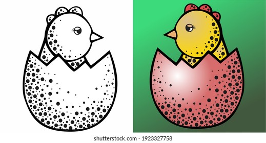 Vector illustration, chicken in a shell in black and white and color