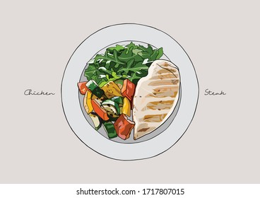 Vector Illustration of Chicken Steak / Grilled Chicken breast with fresh vegetable Salad, lettuce, grilled bell pepper, cucumber, zucchini, and yellow squash