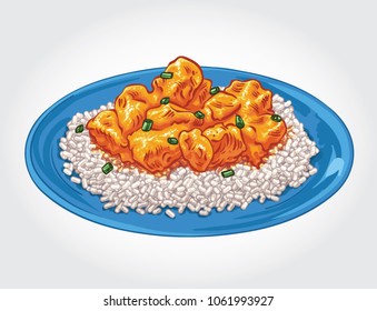 Vector illustration of chicken tikka masala with rice on a blue plate.