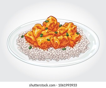 Vector illustration of chicken tikka masala with rice on a white plate.