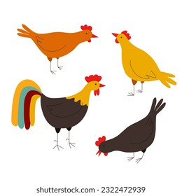 Vector illustration of chickens and cock insulated on a white background in a flat style. A set of farm birds clip art