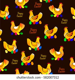 Vector illustration of chickens and Easter eggs pattern on dark background. Seamless pattern. Happy easter.