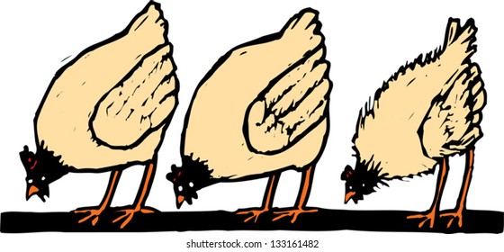 Vector illustration of chickens eating in line